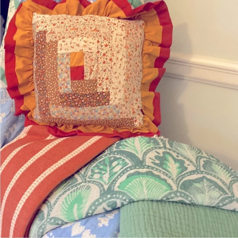 Antique Log Cabin Quilt Pillow Floral Back Terracotta Gold Applecore Aesthetic
